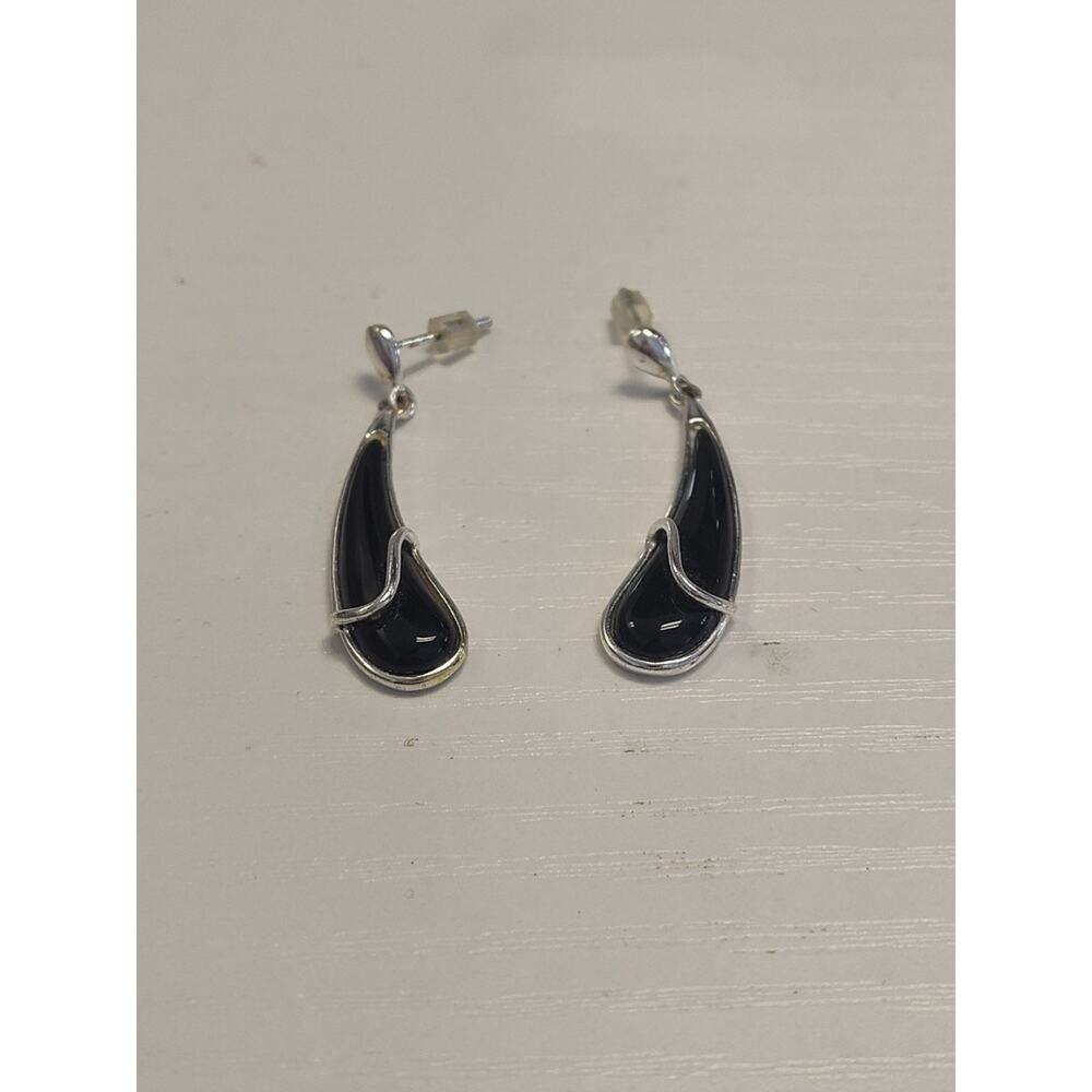 Vintage Teardrop Black Onyx Sterling Silver 925 Drop Earrings 1.25"